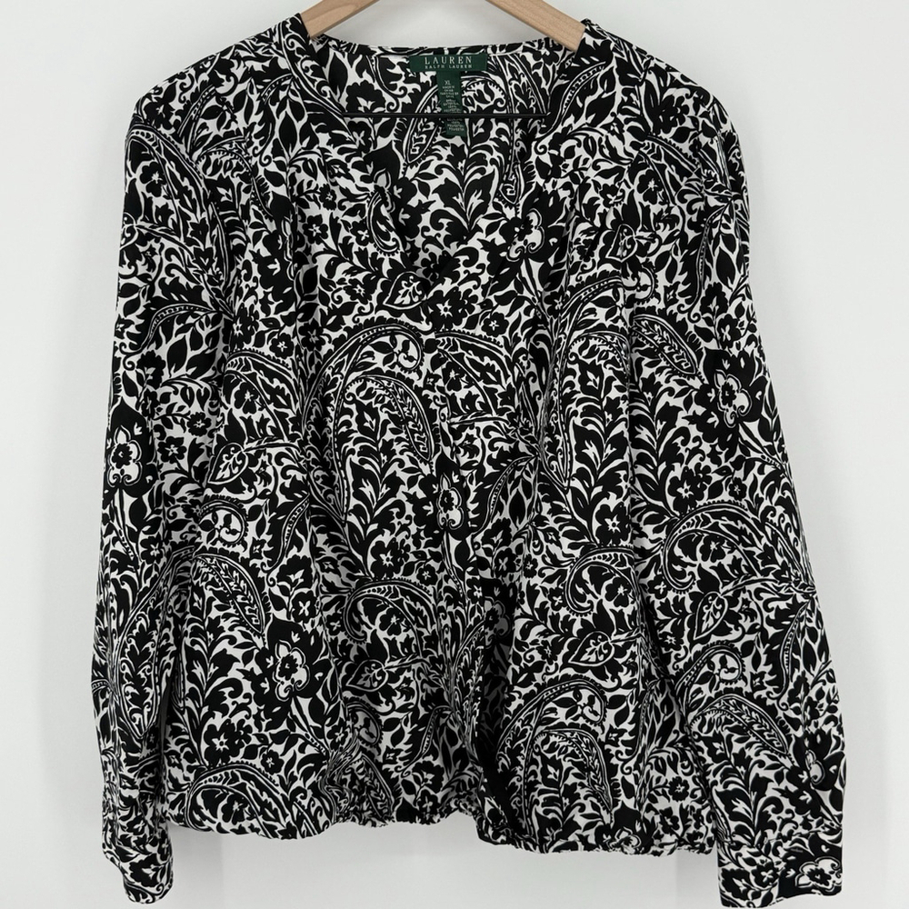 Ralph Lauren Black White Paisley Faux Wrap Top Women’s Size XL